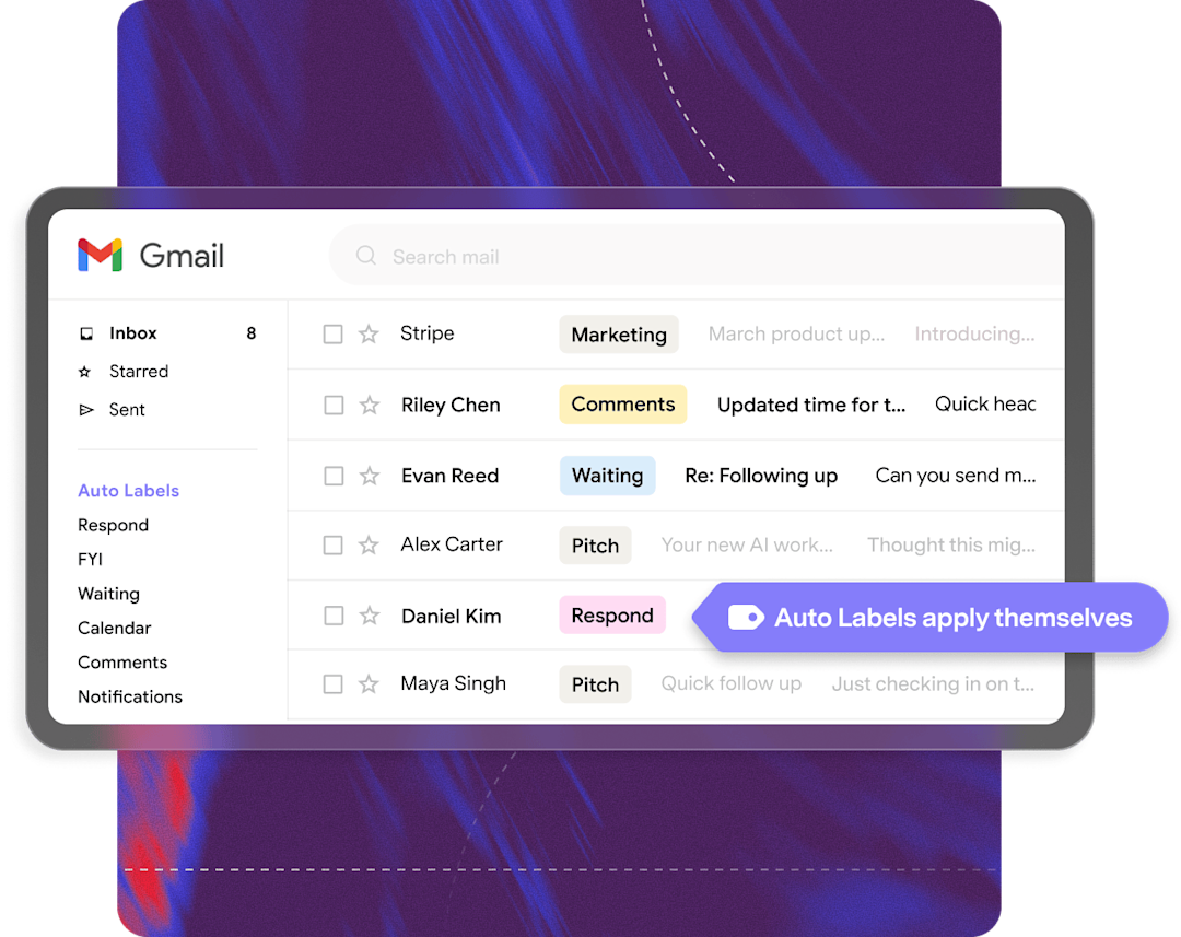 Gmail inbox with Auto Labels applied — Respond, FYI, Waiting, Pitch