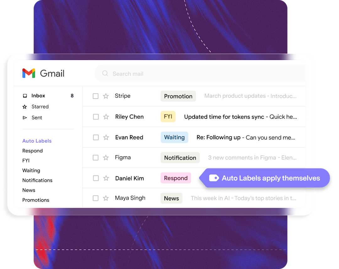 Gmail inbox with Auto Labels applied — Respond, FYI, Waiting, Pitch