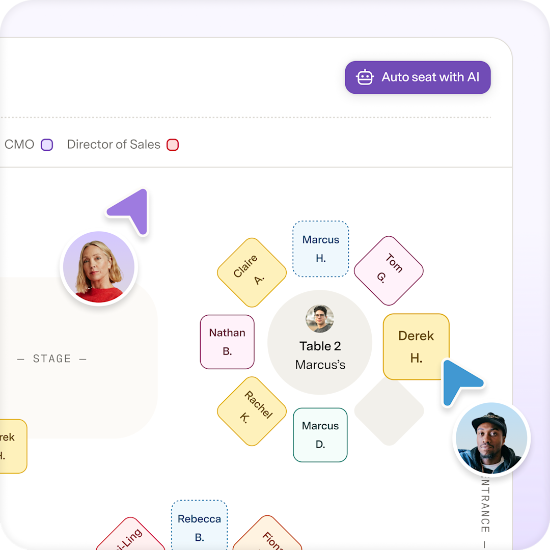 An event room seating map with an Auto seat with AI button