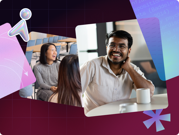 2 separate images of people smiling with Superhuman stickers + branding