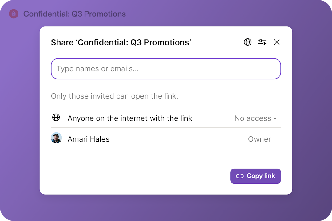 A Superhuman Docs share dialog for a confidential doc