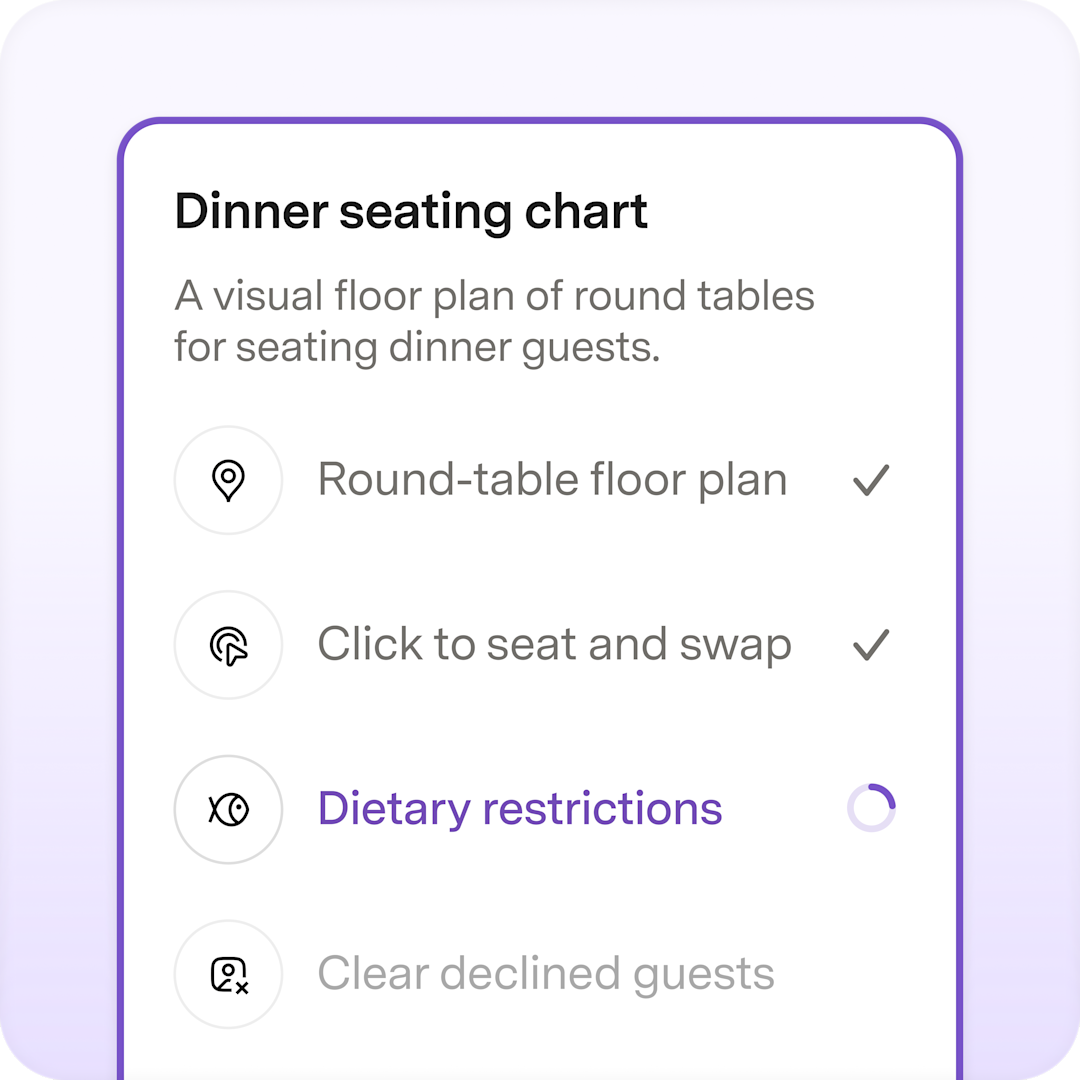 A Dinner seating chart card showing AI build progress steps