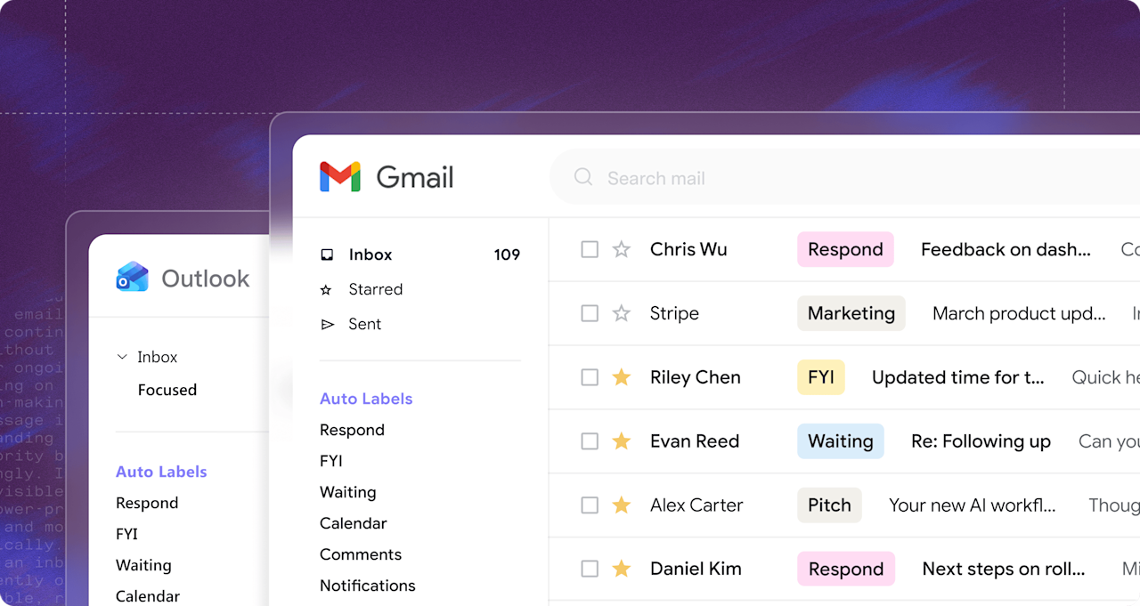 Superhuman Mail sidebar showing auto-labeled emails inside Gmail and Outlook