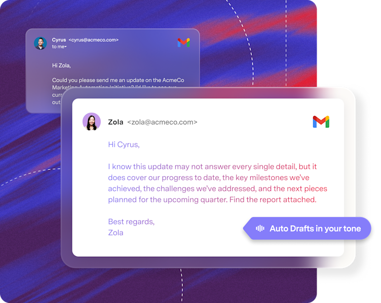 AI-drafted reply open in Gmail, written in the user's tone