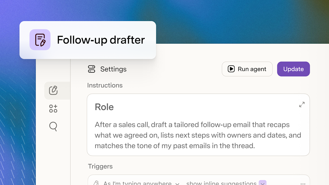 Superhuman Go agent prompt that drafts a tailored follow-up email after a sales call