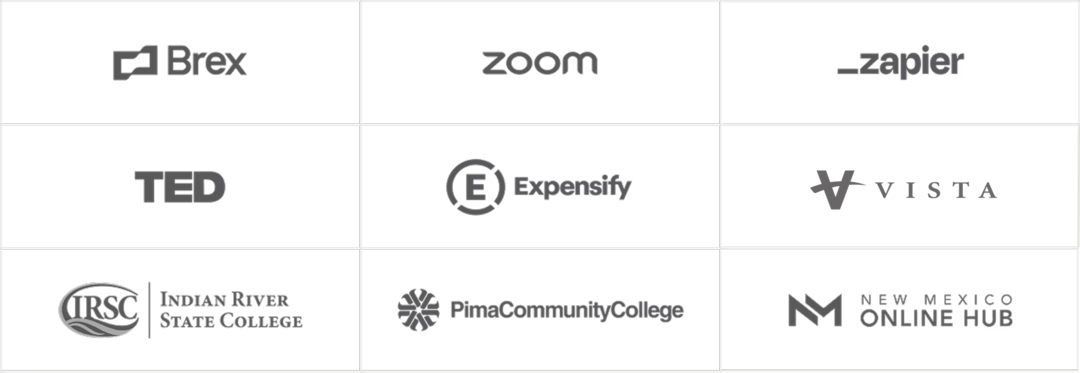 Brex, Zoom, Zapier, TED, Expensify, Vista, Indian River State College, Pima Community College, New Mexico Online Hub
