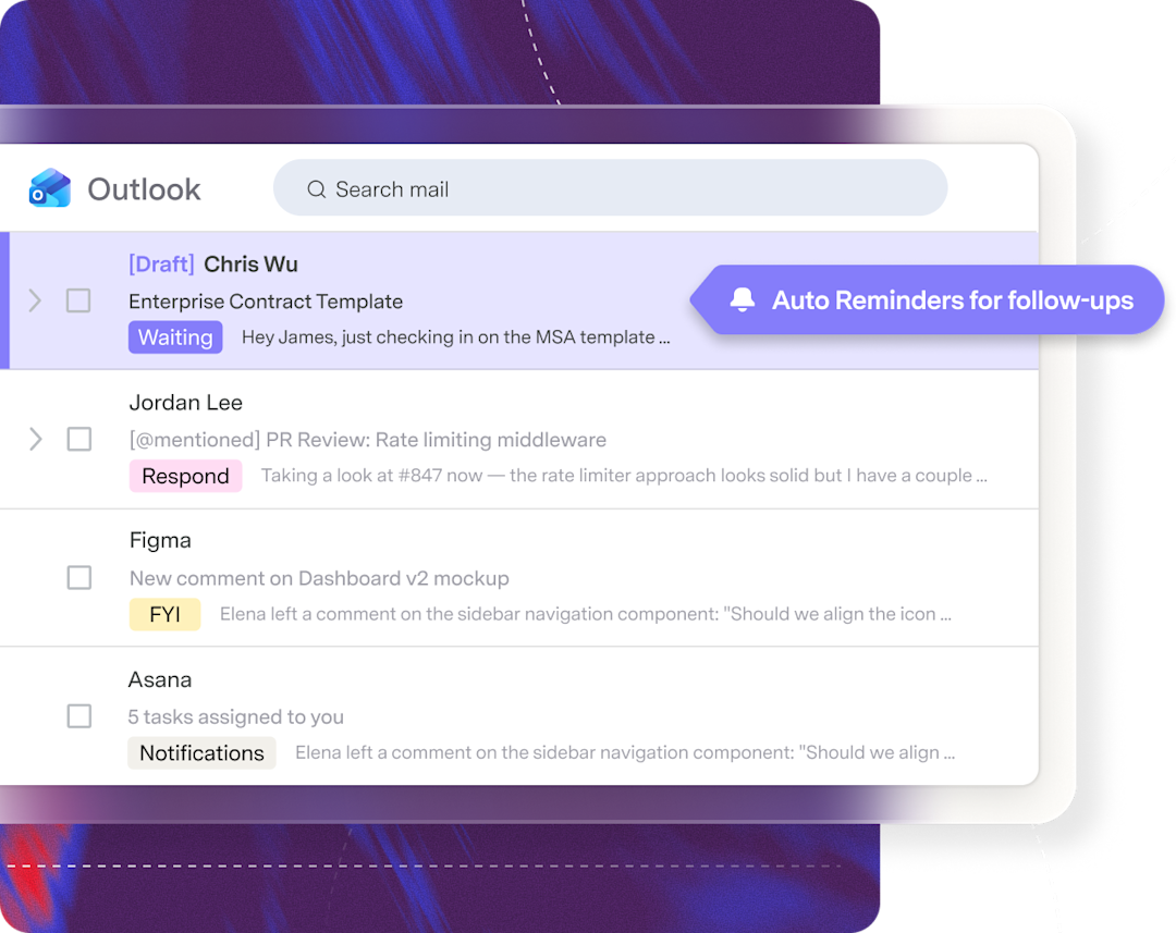 Outlook inbox showing a draft with an auto follow-up reminder