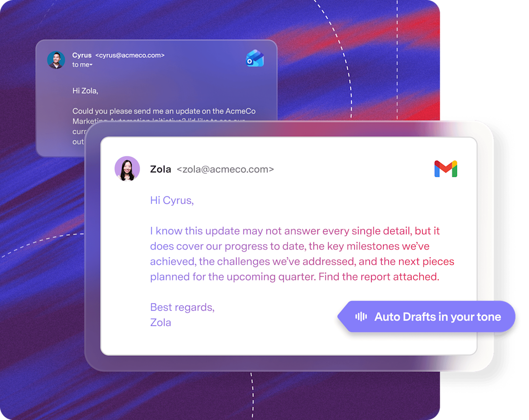AI-drafted reply open in Gmail, written in the user's tone