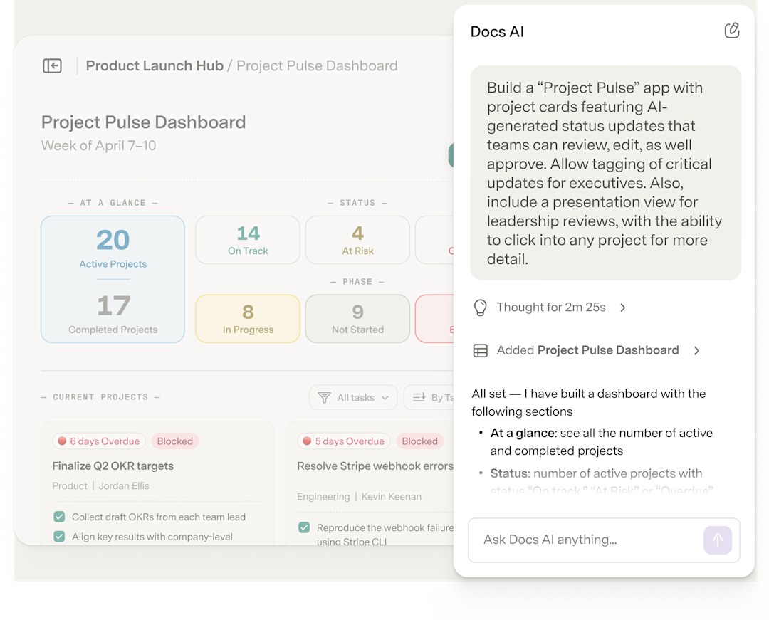 Docs Project Pulse Dashboard with Docs AI