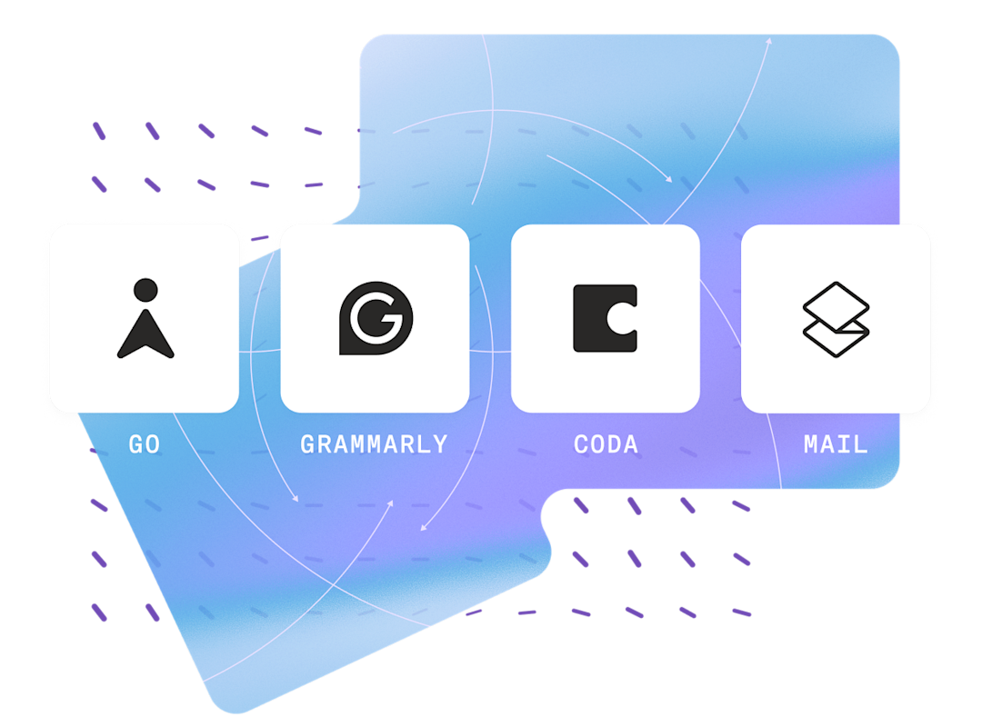 Go, Grammarly, Coda, Mail _ white icons with blue and purple bg