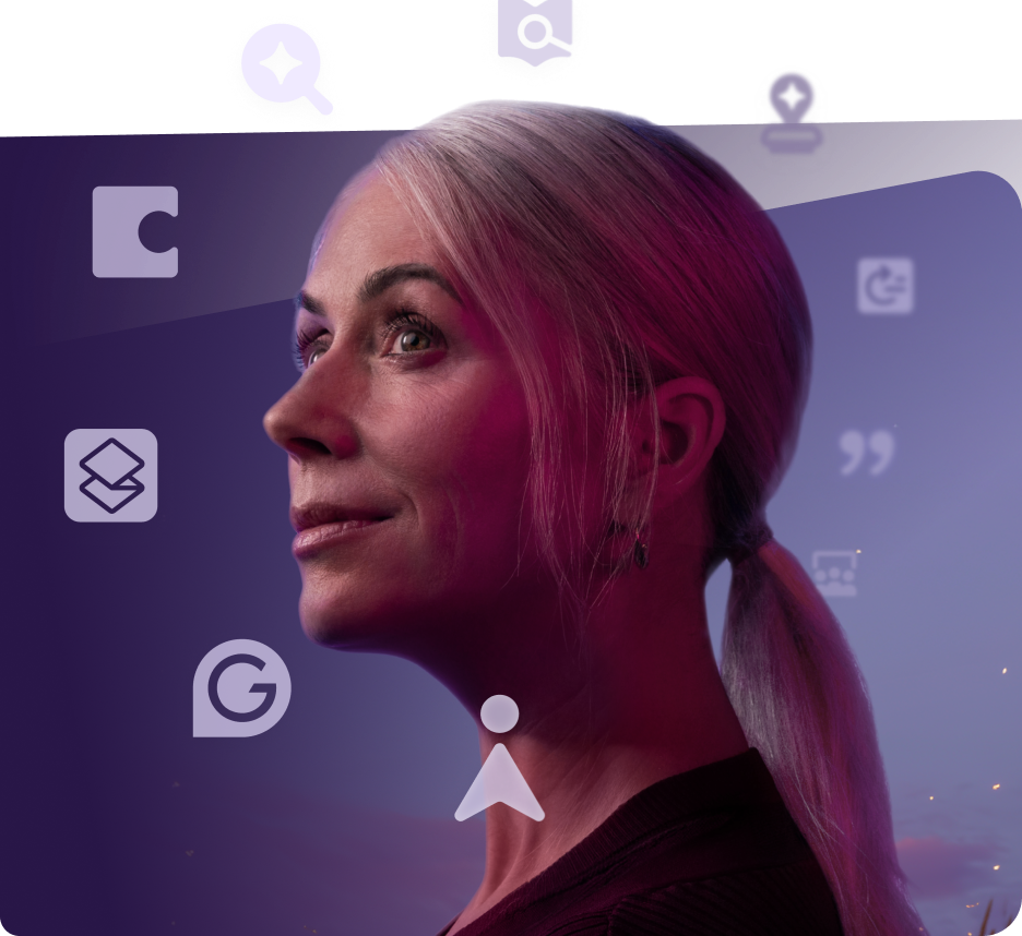 Person looking to the left surrounded by Superhuman product suite