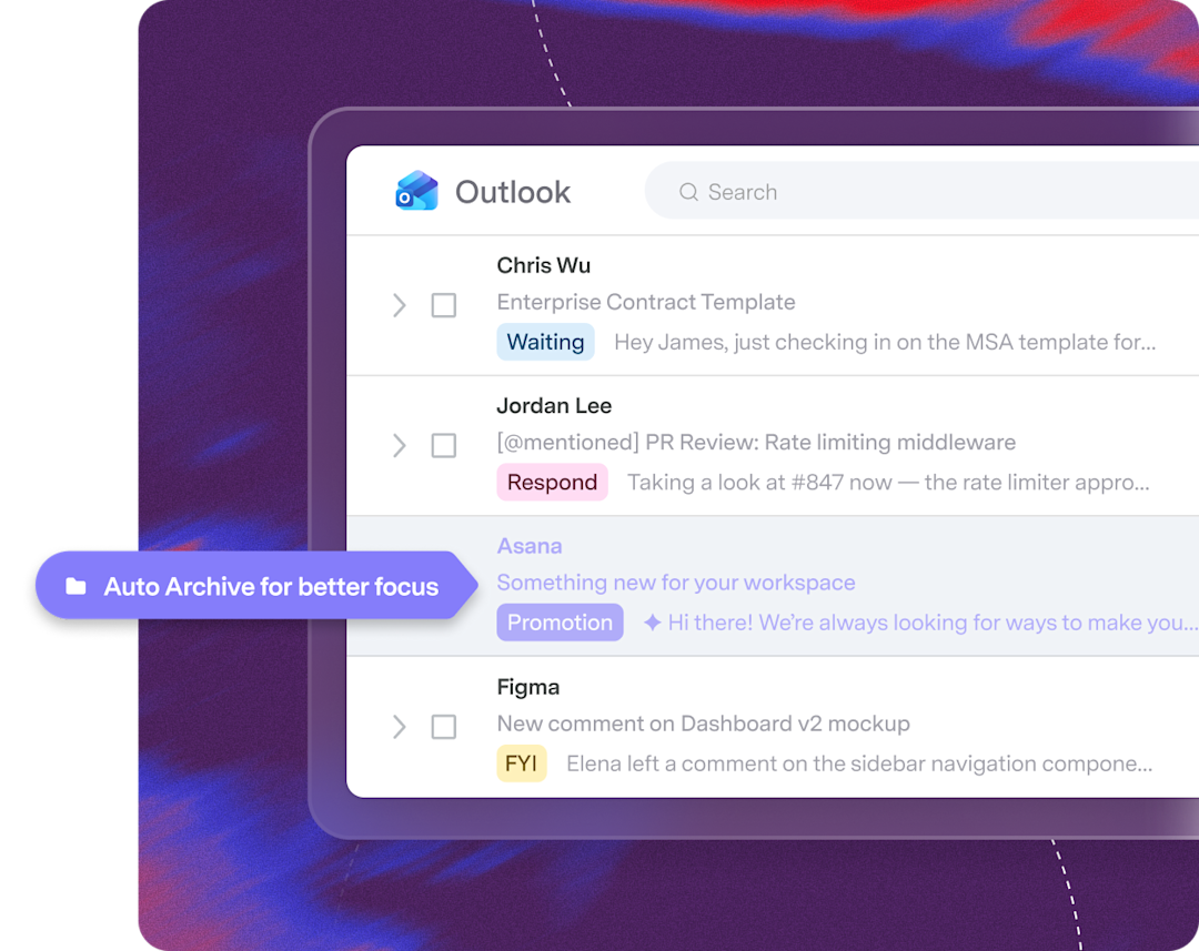 Outlook inbox with marketing and social emails automatically archived