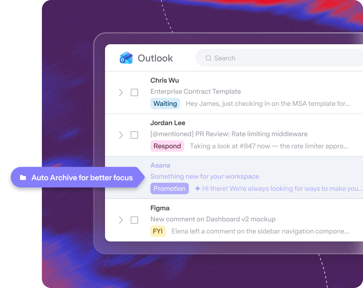 Outlook inbox with marketing and social emails automatically archived