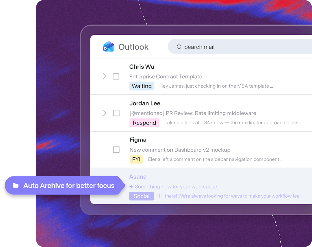 Outlook inbox with marketing and social emails automatically archived
