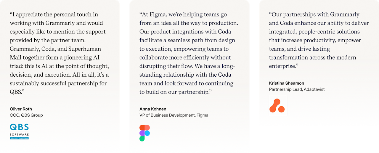 Partner testimonials _ QBS, Figma, Adaptavist