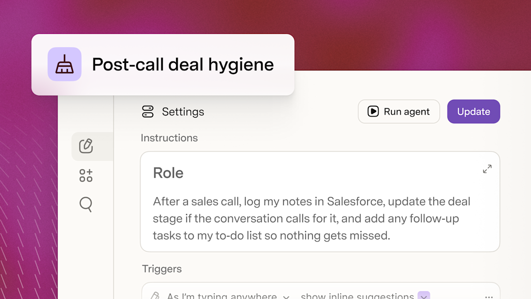 Superhuman Go agent prompt that logs call notes and updates the deal record in Salesforce after a sales call
