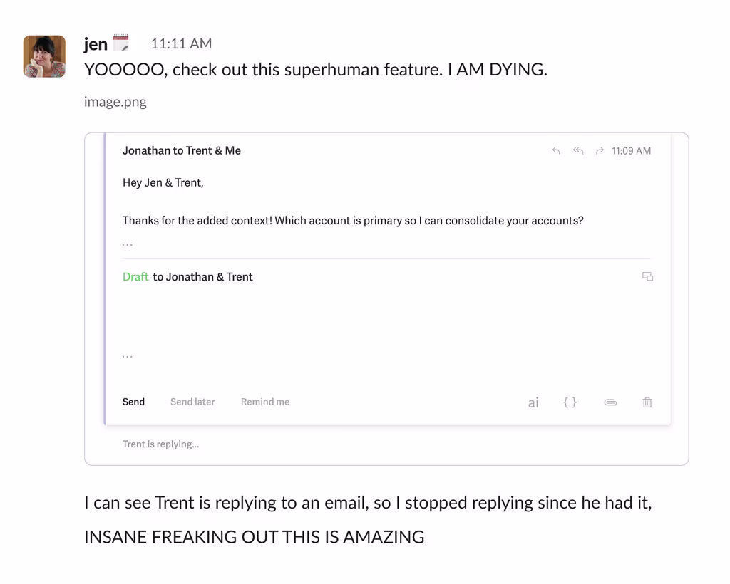 Jen from Go Nimbly's reaction to Superhuman Mail's Team Reply Indicators