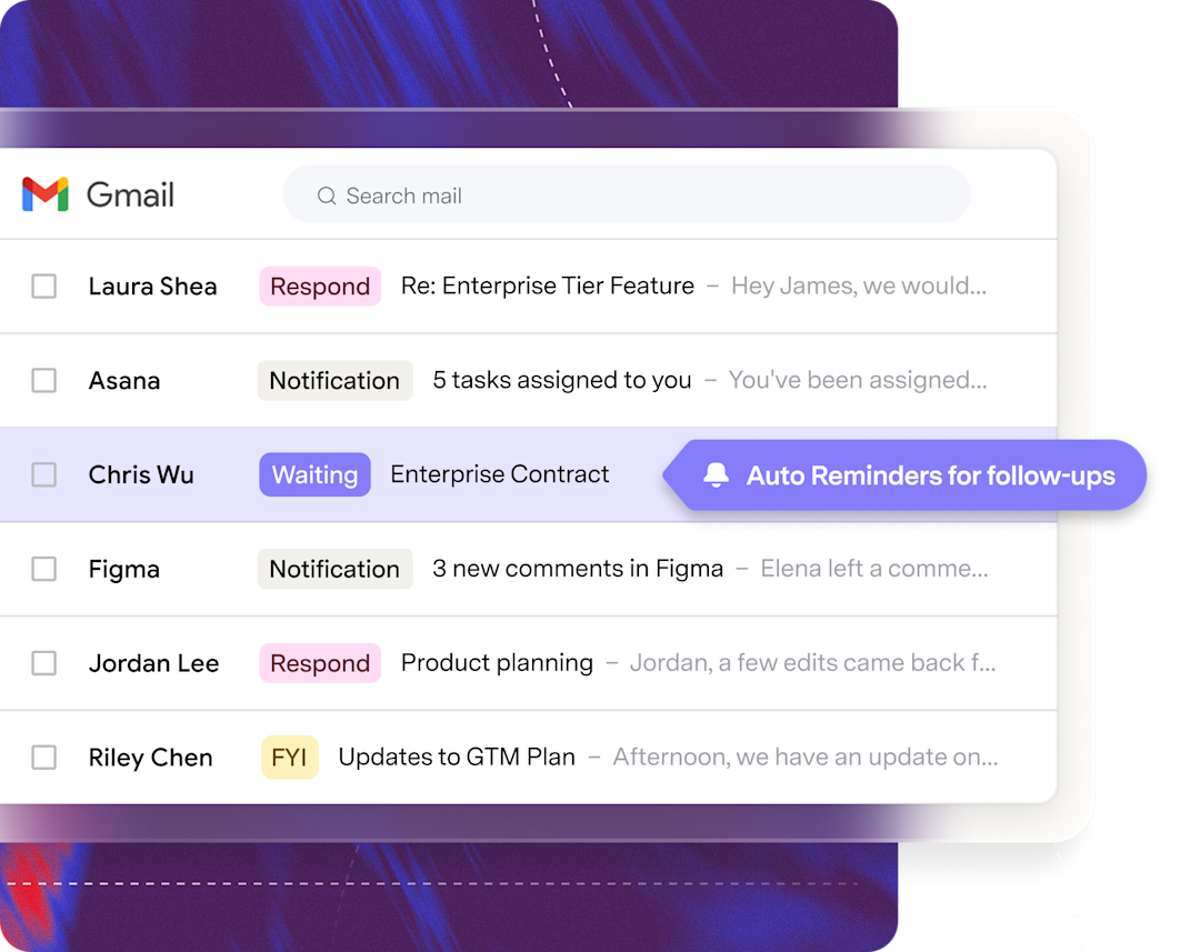 Gmail inbox showing a draft with an auto follow-up reminder