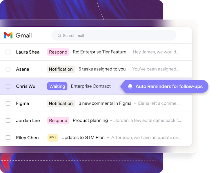 Gmail inbox showing a draft with an auto follow-up reminder