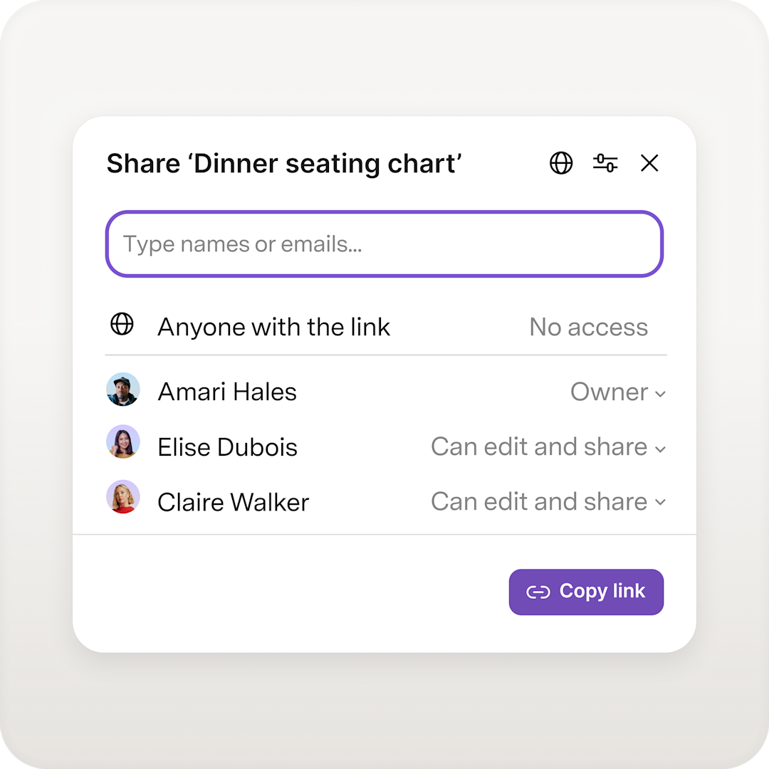 A share dialog for the Dinner seating chart AI view